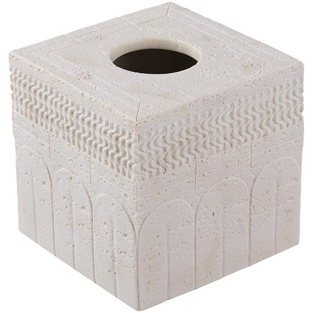 Travertine Tissue Box Cover – Classic Carved Square Resin Tissue Box Holder – Heavy Duty Decorative Home & Bathroom Decor for Countertop, Tabletop, Night Stand, Office – Beige
