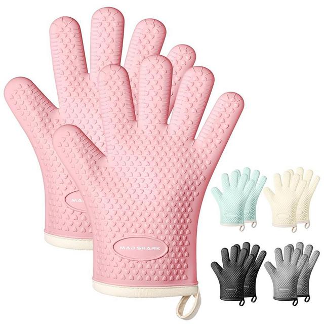 MAD SHARK Silicone Oven Mitts Heat Resistant 450 Degrees,Waterproof & Non-Slip Oven Gloves with Fingers,Cotton Lined Silicone Oven Gloves Kitchen Mitts for Baking Cooking Barbecue,Women (Pink)