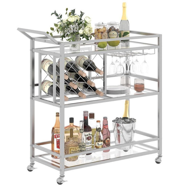 FATORRI Bar Cart Silver, Bar Carts for The Home, Home Bar Serving Carts for Liquor, Wine Cart with 3 Tier Mirrored Shelves, Rolling Bar Cart on Wheels for Alcohol and Beverage (Silver)