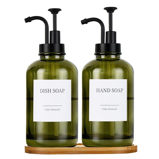 Glass Soap Dispenser with Pump, Dish and Hand Soap Dispenser for Kitchen Bathroom Set, Clear Glass Dispenser Set of 2 Pack with 18 Stickers Funnel Bamboo Tray 500ml 18oz Green