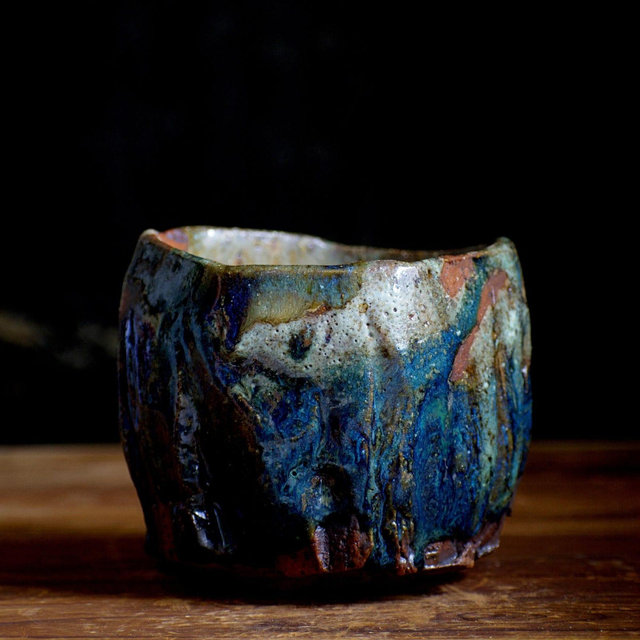 Handmade Stoneware Chawan, Blue Ceramic Japanese Ceremonial Matcha Tea Bowl