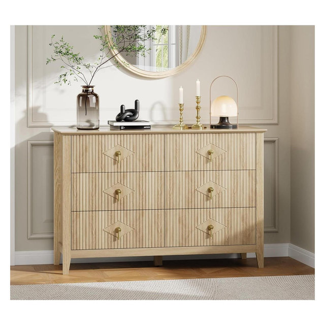 Fluted Dresser 47.2" Wide, 6-Drawer Wood Dresser for Bedroom, Modern Chest of Drawers, Storage Organizer Cabinet for Living Room, Entryway, Natural