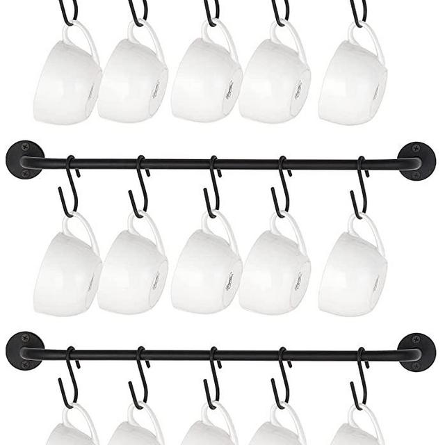 Mkono Mug Holder Wall Mounted Coffee Cup Rack Hanger Modern Metal Wall Rack with 15 Mug Hooks Rustic Utensil Tea Cups Storage Organizer for Kitchen Dining Room Coffee Bar, Set of 3, Black