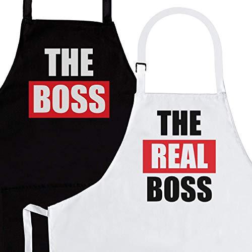 The Boss & Real Boss | 2-Piece Kitchen Apron Set | Matching Engagement Wedding Anniversary Bridal Shower Gift for Bride | Cool Wedding Gifts for The Couple Unique | Newly Married Presents
