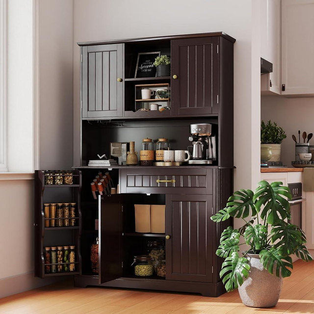 Gizoon Kitchen Hutch Cabinet Kitchen Hutch Storage Cabinet Tall Pantry Coffee Bar with Storage for Dining Room and Craft Room, Dark Brown