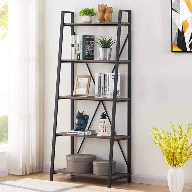 BON AUGURE Industrial Ladder Shelf, Rustic 5 Tier Leaning Bookshelf, Wood Metal Ladder Bookcase (Dark Gray Oak)