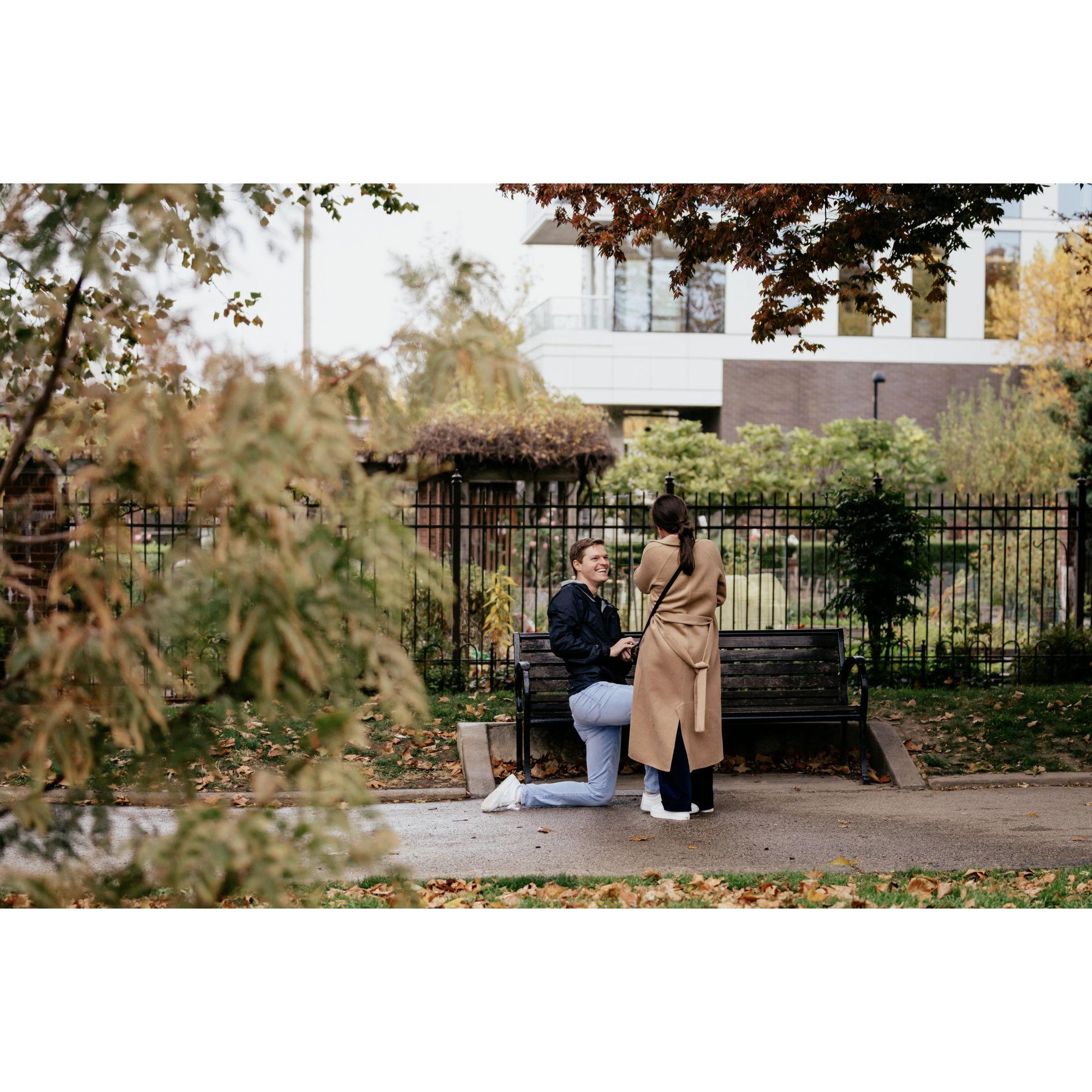 Mathias proposed at the spot where we had our first date! This is the same exact bench in the Schuylkill River Park where we first met!