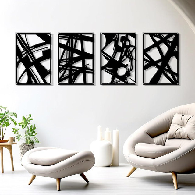 Zzbakress 4 Pieces Abstract Metal Wall Art, Minimalist Art Decoration, Paintings Wall Decor, 3D Structure Sculptures Decor for Living Room Bedroom Bathroom Office (Black style 1)