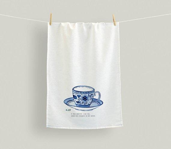 Delft Blue teacup tea towel, linen tea towel, linen dish cloth, country decor, tea lover gift, kitchen decor, blue and white