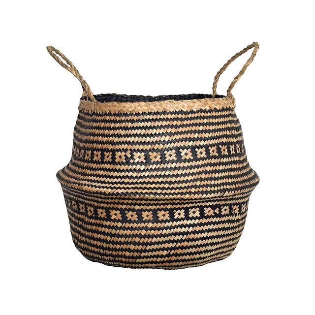 DUFMOD Large Natural and Plush Woven Seagrass Tote Belly Basket for Storage, Laundry, Picnic, Plant Pot Cover, and Beach Bag (Plush Criss-Cross Seagrass Black, Large)