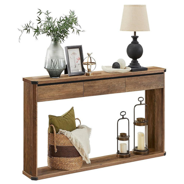 VASAGLE Console Table, 47.2 Inches Sofa Table, Narrow Entryway Table, Entry Table with 3 Drawers, Bottom Shelf, Metal Corners, for Living Room, Bedroom, Farmhouse Style, Honey Brown ULNT143K41