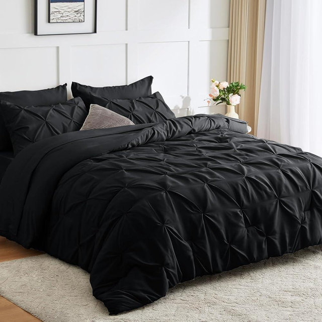 CozyLux California King Comforter Set - Cal King Bed Set 7 Pieces, Pinch Pleat Black Cali King Bedding Set with Comforter, Sheets, Pillowcases & Shams