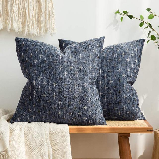 MIULEE Pack of 2 Decorative Burlap Linen Throw Pillow Covers Modern Farmhouse Pillowcases Rustic Woven Textured Cushion Cover for Sofa Couch Bed 16x16 Inch Blue