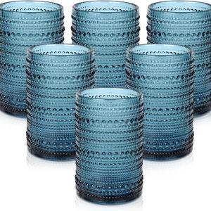 ZMOWIPDL Vintage Glassware Drinking Glasses Set of 6,15 oz Hobnail Glass Cups,Embossed Blue Water Tumbler,for Beer,Cocktail,Whiskey,Juice and Various Mixed Drinks- 1 Cleaning Brush