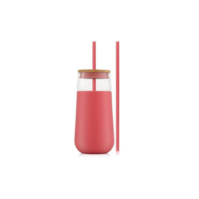 JoyJolt Glass Tumbler with 1 Straws & Non Slip Silicone Sleeve - 20 oz - Pink