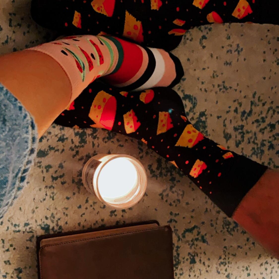 Taking communion together in our Cheddar/Melon socks