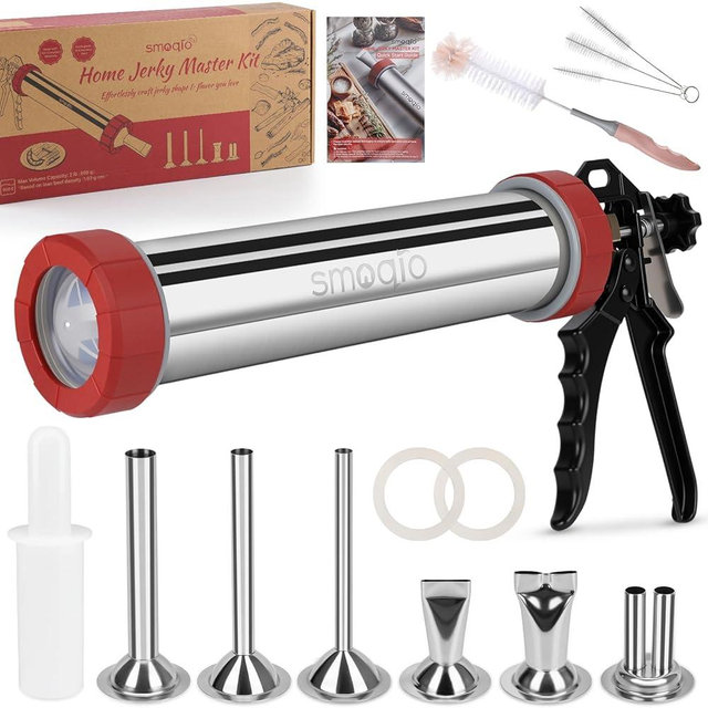 SMOQIO 2LB Jerky Gun Kits, 304 Stainless Steel Beef Stick Gun, Beef Jerky Shooter Cannon with 6 Versatile Nozzles, Suitable for 19mm Snack Stick, with 4 Cleaning Brushes and 1 Meat Pusher