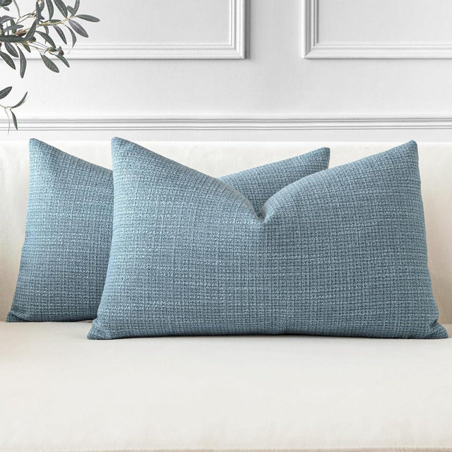 OTOSTAR Pack of 2 Throw Pillow Covers 12x20 Inch Linen Blue Pillowcases Farmhouse Decorative Solid Pillow Covers 30x50 cm Lumbar Cushion Case for Home Decor Sofa Couch Bed (Blue)