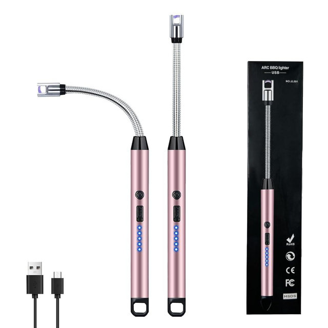 2 PCS Candle Lighter, Electric Lighter Arc Windproof Flameless with 360° Flexible Neck & LED Power Display, Lighters for Candle for BBQ, Grill, Camping, Fireplace, Stove(Pink)