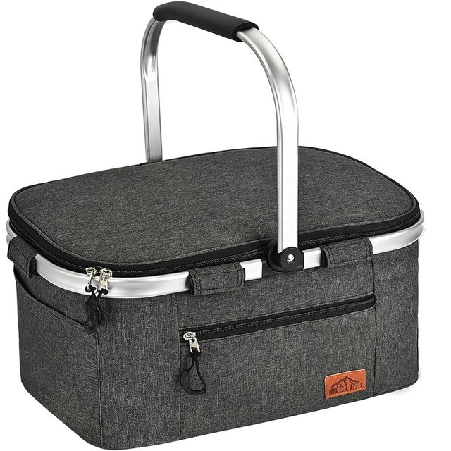 Insulated Cooler Bag Multipocket Collapsible Picnic Basket Leak-Proof Outdoor Basket for Camping Meal Delivery Shopping Travel Camping Beach Grocery Bag (Black Large)