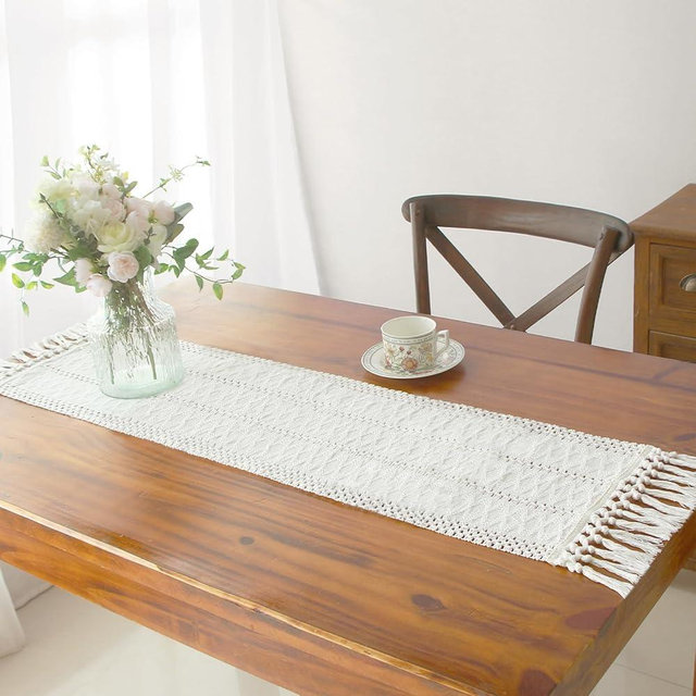 FEXIA Boho Macrame Table Runner 48 Inches Long Cream Table Runner for Farmhouse Home Decor Table Runner with Tassels for Bohemian Dining Bedroom Decor Rustic Bridal Shower (12x48 Inches), CTR-0120