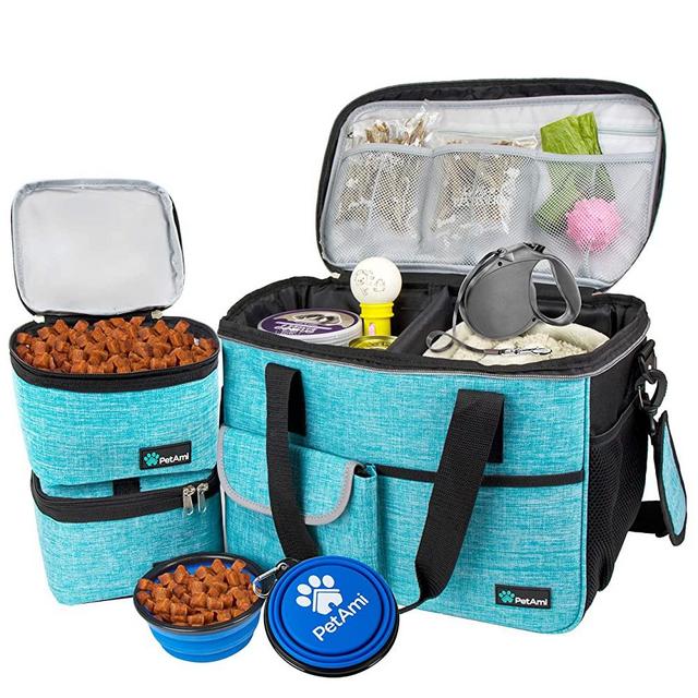 PetAmi Dog Travel Bag | Airline Approved Tote Organizer with Multi-Function Pockets, Food Container Bag and Collapsible Bowl | Perfect Weekend Pet Travel Set for Dog, Cat