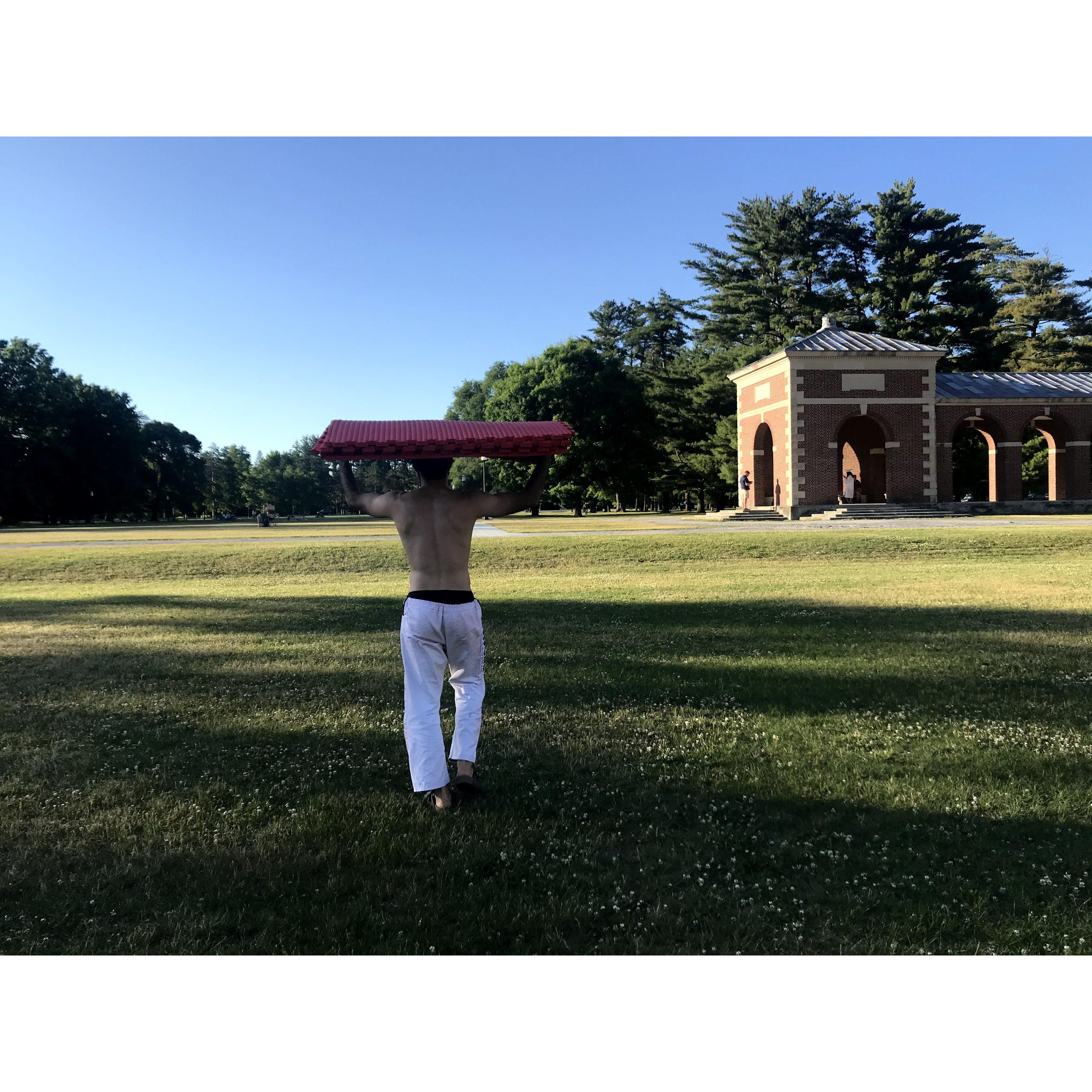 We traded sheets for portable mats and brought them everywhere in 2020 and 2021 (This is Saratoga Spa State Park)