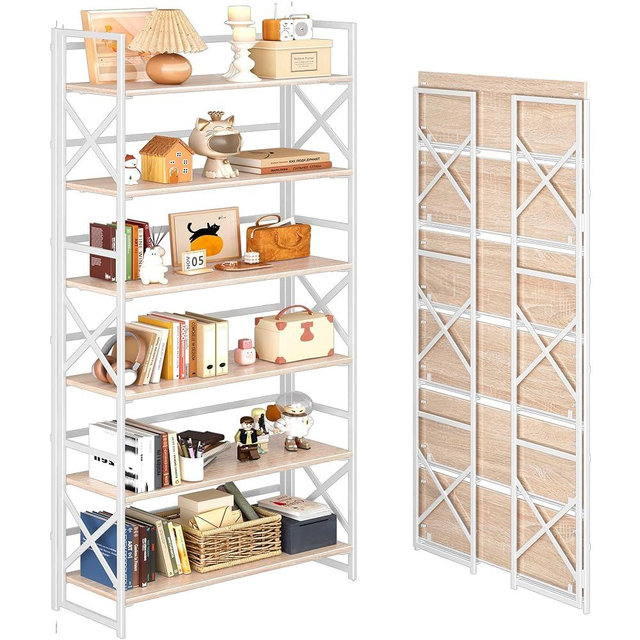 4NM Extra Wide 6 Tiers No Assembly Book Shelves, 61.8" H Folding Bookshelf Bookcase Open Industrial Foldable Shelves for Bedroom, Living Room, Home Office - Natural White