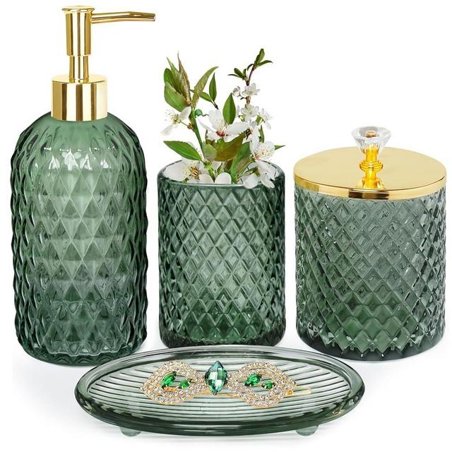 Bathroom Accessories Set, 4Pcs Sage Green Glass Bathroom Accessories Sets Complete w/Lotion Soap Dispenser, Toothbrush Holder, Apothecary Jar, Soap Dish, Bathroom Decor, Gift for Home Apartment