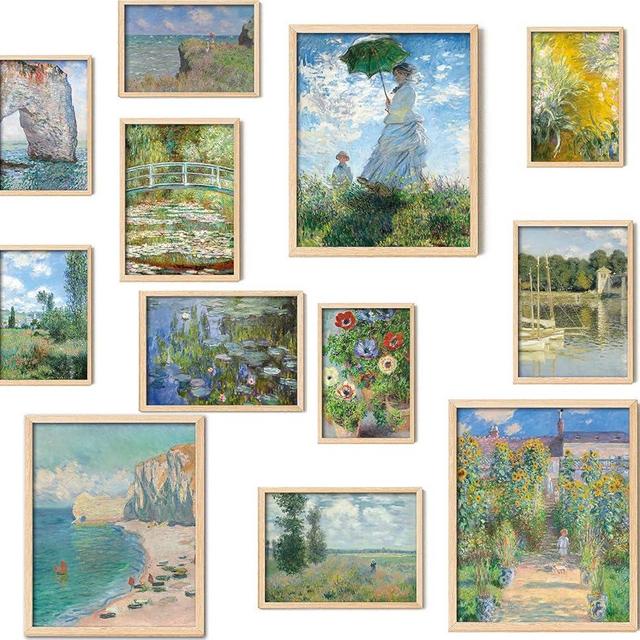 Kizbok Claude Monet Wall Art, Monet Poster Eclectic Wall Decor, Claude Monet Prints for Wall Decor, Vintage Monet Water Lilies Impressionist Painting, Monet Canvas Artwork Famous Art Prints, Classic Eclectic Monet Gallery Exhibition Poster for Room Aesthetic, Maximalist Decor(Set of 12, Unframed)