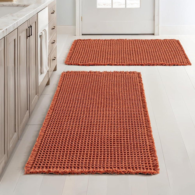 MIULEE Set of 2 Waffle Bathroom Rugs, Boho Bath Rugs Non Slip Washable, Super Absorbent Bath Mats, Ultra Soft Rubber Backed Shower Mats for Bathroom Floor, Tub and Shower, Orange, 18x30 Inch