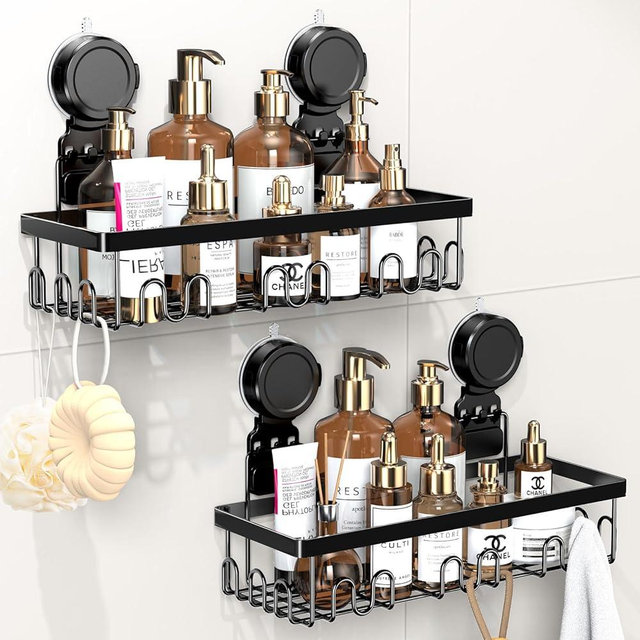 JOTPE Shower Caddy Suction Cup 2 Pack, No Drilling Shower Organizer for Bathroom with Large Capacity, Storage Suction Powerful Max Hold 40 lbs, Waterproof & Removable Bathroom Shelf, Black