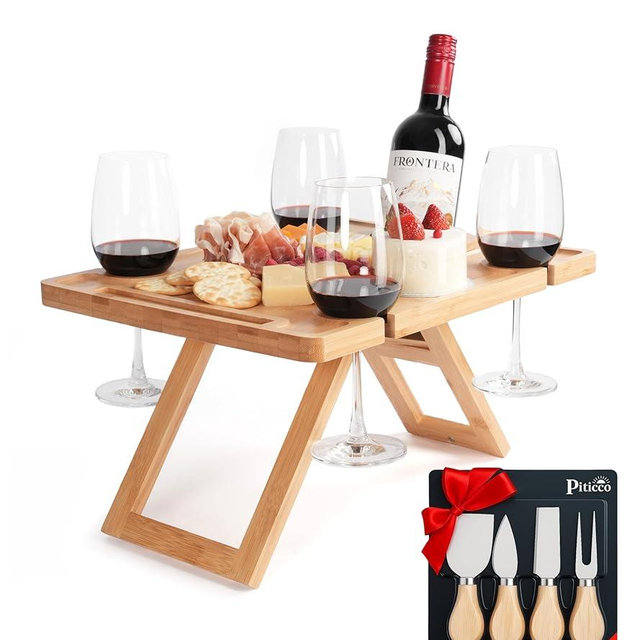 Bamboo Charcuterie Picnic Table, Portable Wooden Outdoor Picnic Wine Table with 4 Silver Cheese Knives & Detachable Knife Stand, Gift for Cheese & Wine Lovers