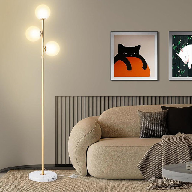 Vallerico 3-Globe Mid Century Modern Floor Lamp for Living Room, Adjustable Height Standing Lamp with Marble Base, Gold Brass Tall Lamp with Frosted Glass Shades, Pole Lamp for Bedroom, Bulbs Included