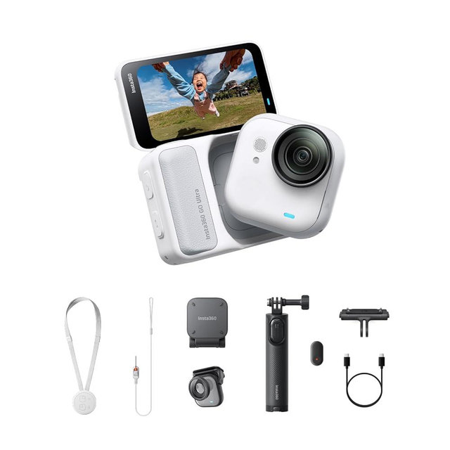 Insta360 GO Ultra Family Bundle - Small 4K Vlogging Camera, Hands-Free, POV Cam, 1/1.28" Sensor, 53g Lightweight, 156° FOV, 200 Min Battery Life, Magnetic Wearable Action Camera for Sports, Vlog