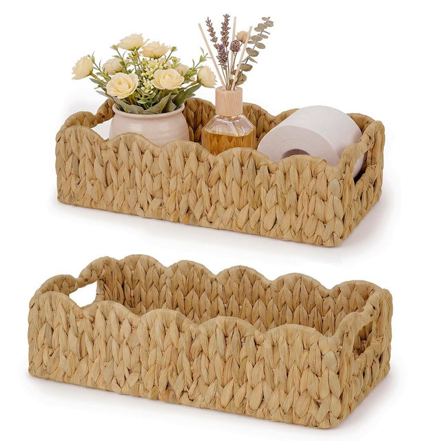 efluky Toilet Paper Basket, Scalloped Basket 2-Pack, Bathroom Decor Back of Toilet Basket, Wicker Natural Water Hyacinth Bathroom Basket for Organizing Countertop,Shelves,Bedroom