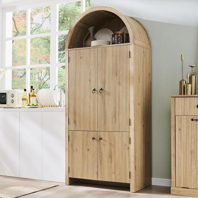 IFGET 71" Tall Arched Kitchen Pantry, Modern Fluted Wood Storage Cabinet with Doors, 3 Adjustable Shelves, 6 Door Shelves, Organizer, Versatile Cupboard for Kitchen, Bathroom, Natrual