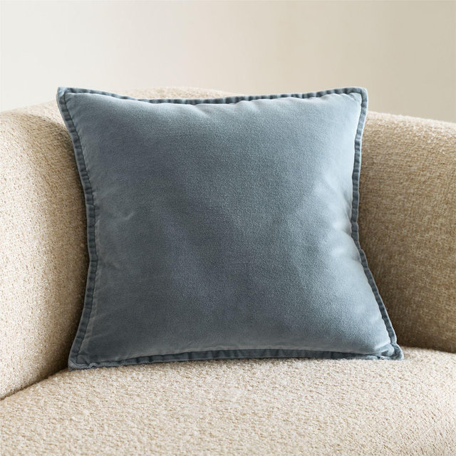 Relaxed Washed Organic Cotton Velvet 20"x20" Blue Throw Pillow with Down-Alternative Insert