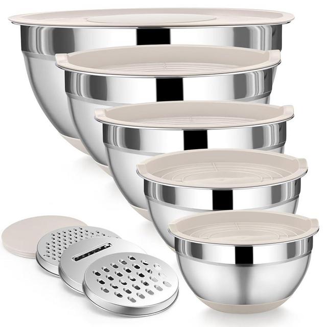 P&P CHEF Khaki Mixing Bowl with Lid Set, 5 Piece Stainless Steel Mixing Nesting Bowls for Salad Storage, 3 Grater Attachments & Non-Slip Bottoms, Size 1/1.5/2 / 2.6/4.6 QT