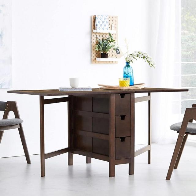 Livinia Wings Gate-Leg Wooden Dining Table, Solid Hardwood Expandable Drop Leaf Space Saving Kitchen Table with 6 Drawers Fully Assembled(Walnut)