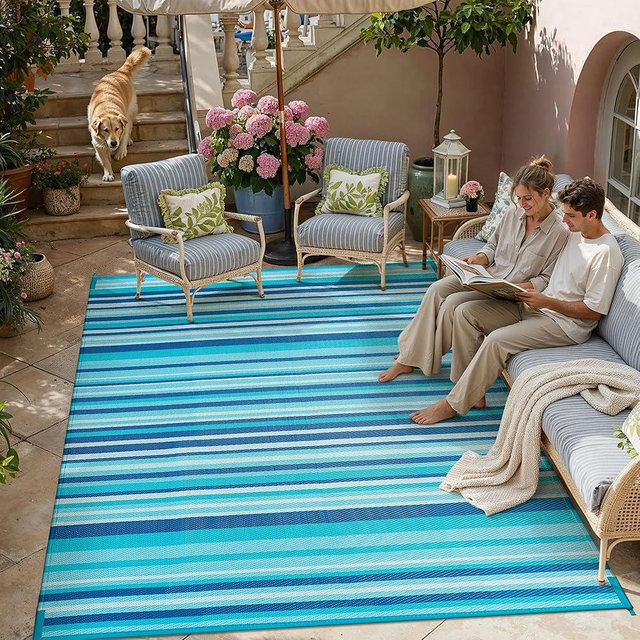 WondRg Outdoor Plastic Straw Rug Waterproof Patio 9x12 Blue Teal Stripe Mat for Porch Camping RV Balcony Deck Courtyard Reversible Lightweight Durable Portable Carpet
