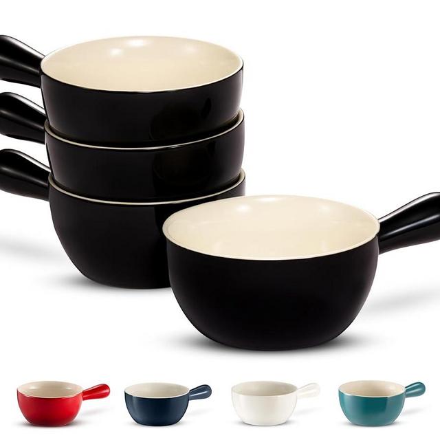 Kook French Onion Soup Crocks, Stackable Ceramic Bowls with Handles, Oven, Microwave and Dishwasher Safe, for Cereal, Soups, Casseroles, with Handle, Stoneware, 24 oz, Set of 4, Black