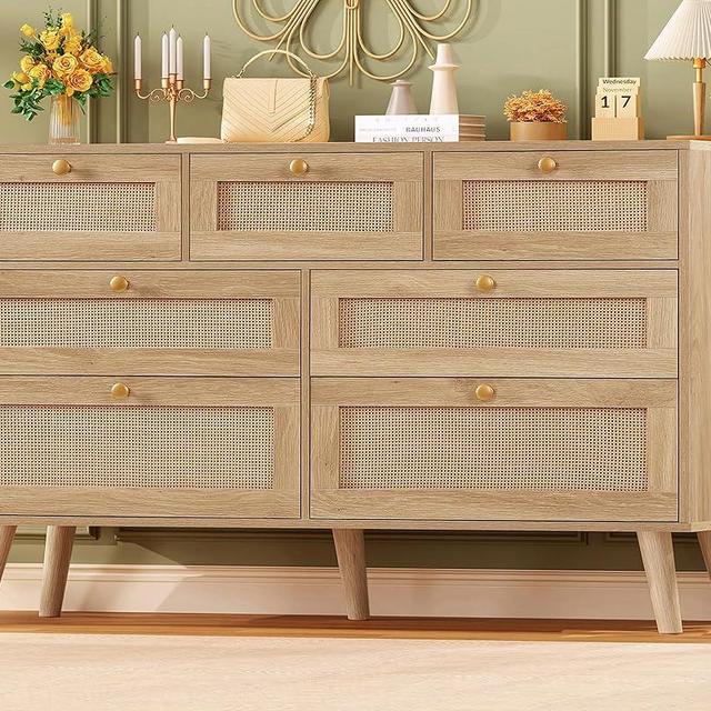 TEENFON 47.2''Wide 7 Drawer Rattan Dresser, Boho Dresser for Bedroom, Chest of Drawers, Closet Organizer, Natural Wood Dresser Chest for Bedroom, Living Room, Entryway, Natural