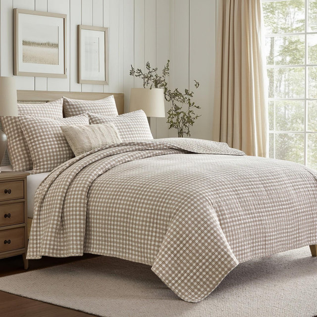 Camden Gingham Stitch Taupe King Quilt Set - Levtex Home