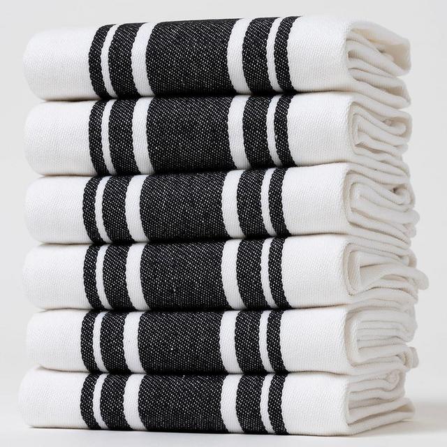 Casa De Lan Kitchen Towels Set – Pack of 6 (20’’ x 30’’) Extra Large Premium Cotton Dish Towels for Kitchen – Super Striped Towels – Highly Absorbent – 100% Cotton – with Hanging Loop – Black