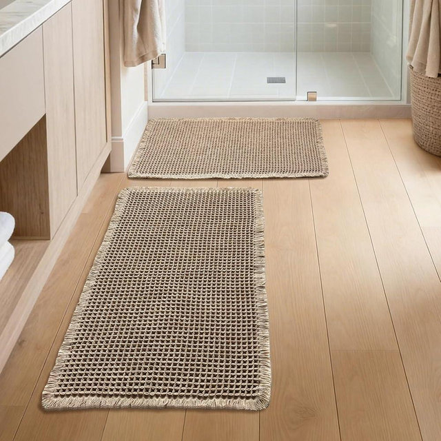 GRLYUH Bathroom Rugs Sets 2 Piece - Waffle Bath Mat Non Slip, Washable Bathroom Mats Absorbent Soft Boho Decor, Quick Dry Shower Mats, 2 Pack 18x30 Inch, Khaki