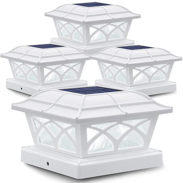Siedinlar Solar Post Cap Lights Outdoor Glass 2 Color Modes 8 LEDs for 4x4 5x5 6x6 Posts Fence Deck Patio Decoration Warm White & Cool White Lighting White (4 Pack)
