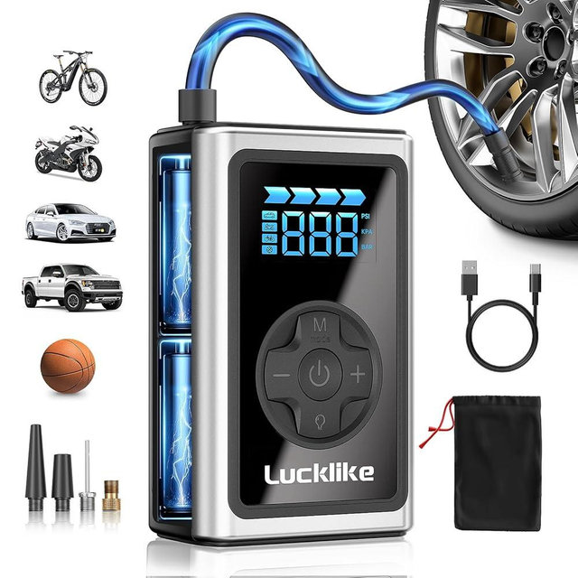 Lucklike Tire Inflator Portable Air Compressor,150PSI Portable Air Pump for Car, Bike Tire Pump with Digital Pressure Gauge, Air Pump with LED Light for Ball, Motorcycle, Bicycles