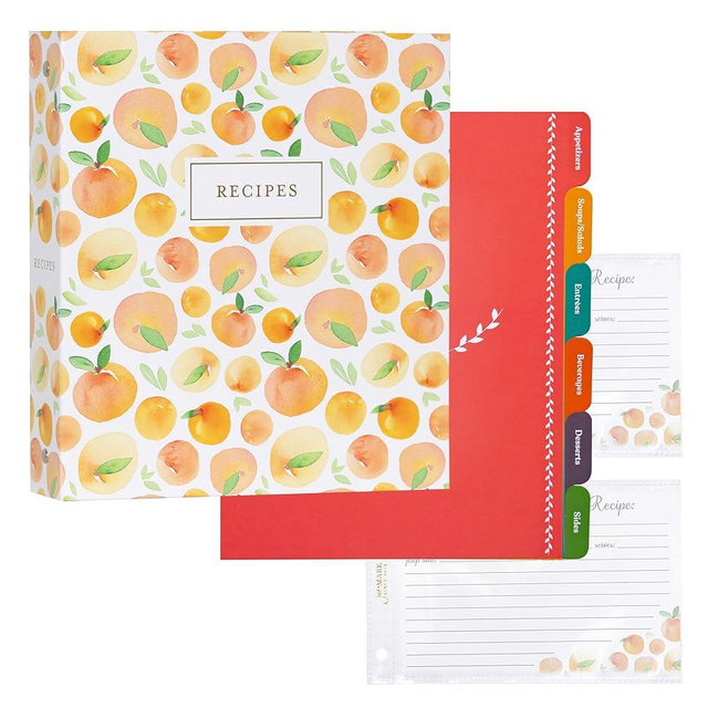 Jot & Mark 3 Ring Recipe Binder 8.5" x 9.5" | Full-Page with Clear Protective Sleeves and Color Printing Paper for Family Recipes (8.5" x 9.5" Recipe Binder, Peach Dream)