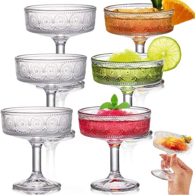 Pumtus Set of 6 Vintage Coupe Glasses, 7 OZ Embossed Martini Glass, Floral Fluted Cocktail Glasses, Unique Clear Margarita Cup, Romantic Drinking Glassware for Cocktail Wine Champagne